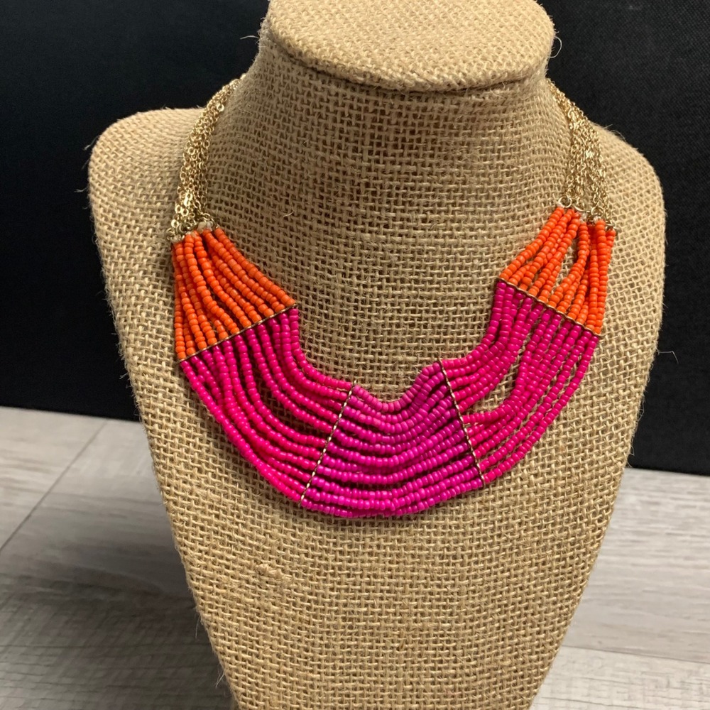 Express Pink Orange Seed Bead Multi Strand Gold Tone Bib Necklace 16" EL Logo